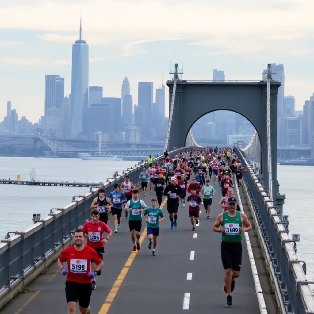 New York City Marathon runners crossing Verrazano-Narrows Bridge with city skyline in distance